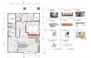 a floor plan of a house with diagrams and furniture at Astage Villa Kamifurano in Kami-furano