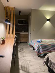 a bedroom with a bed and a table and a kitchen at Punta Luna in La Serena