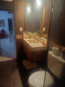 a bathroom with a sink and a toilet and a mirror at El Portal in Posadas