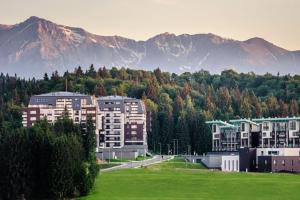 a group of buildings with mountains in the background at Mariah Spa Deluxe Adults Only in Poiana Brasov