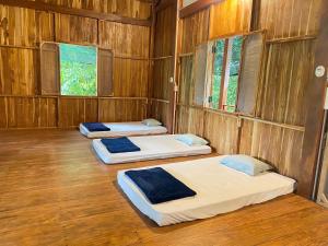 three beds in a room with wooden walls and windows at Nui Tuong Village Stay in Tân Phú