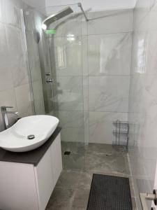 a bathroom with a sink and a glass shower at Sea view Appartment in Larnaca