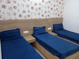 two beds in a room with blue pillows at The Elite Ambience Hotel in Greater Noida