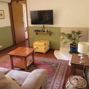 a living room with a couch and a tv at Nockold's Cottage in Denmark