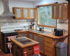 a kitchen with wooden cabinets and a sink and a window at Nockold's Cottage in Denmark
