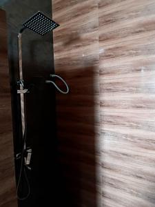 a shower in a room with a wooden wall at Sky Glow Residence in Pepiliyana