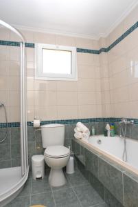 
a white toilet sitting next to a bath tub in a bathroom at Dimitris Apartments in Sidari
