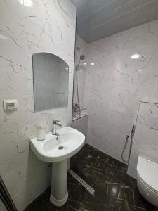 a white bathroom with a sink and a toilet at Pariss Library Hostel in Yerevan +18 photos
