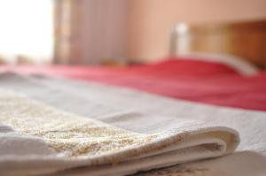 a pile of towels sitting on top of a bed at Hotel Limni in Agios Panteleimon