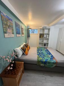 a bedroom with a bed with colorful pillows on it at Maison d Eloise in Sartrouville