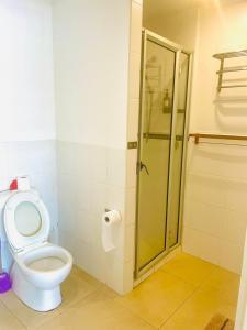 a bathroom with a toilet and a shower at The Ideal Bed & Breakfast in Nadi
