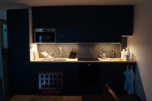 a kitchen with black cabinets and a sink and a microwave at Laplanders room 15 in Kiruna