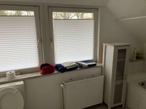 a bathroom with a toilet and two windows at Ferienwohnung Achelpöhler in Hagen im Bremischen