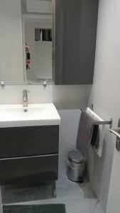 La salle de bains est pourvue d'un lavabo, de toilettes et d'un miroir. dans l'établissement The Pearl of Marais, à Paris