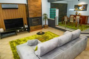 a living room with a couch and a television at Verde Verdilhão Villa in Arazede