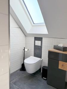 a bathroom with a bath tub and a skylight at Ferienwohnung-Karwe in Karwe +16 photos