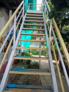 a set of stairs with blue paint on them at First Alleppey homestay in Alleppey +16 photos