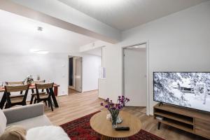 a living room with a couch and a tv at Lapland Apartment in Rovaniemi