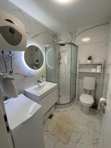 a bathroom with a toilet and a shower and a sink at Studio apartman Sunset cove in Stinica +20 photos