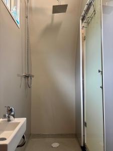 a bathroom with a shower and a sink at The Midi Pod in Aberystwyth +9 photos