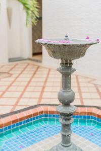 a fountain in the middle of a swimming pool at Ile Des Deux Cocos in Blue Bay