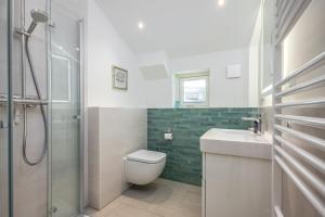 a bathroom with a toilet and a sink and a shower at Chalet Wacholder in Dierhagen +13 photos