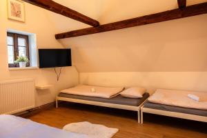 a room with two beds and a flat screen tv at V Údolí in Jablonné v Podještědí