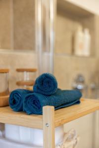 a bunch of blue towels sitting on a shelf at V Údolí in Jablonné v Podještědí +23 photos
