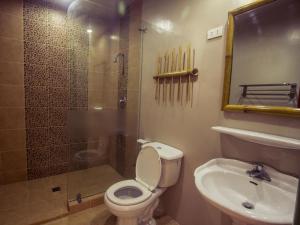 a bathroom with a shower and a toilet and a sink at Oasis Resort and Spa in Boracay