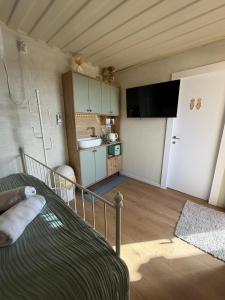 a room with a bed and a kitchen in a room at הzimער של ביטון in Merhav Am +6 photos