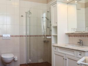 a bathroom with a shower and a toilet and a sink at Rosenvilla - Musikerschlössl in Bad Ischl