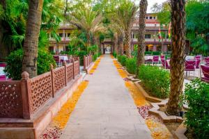 a walkway in the courtyard of a resort with palm trees at Ranbanka Palace in Jodhpur