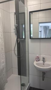 a bathroom with a shower and a sink at GZ Hostel Bonn in Bonn