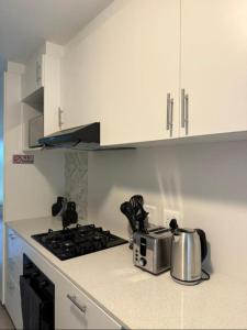 a kitchen with a stove and a toaster on a counter at Tettey Haven Millennial in Durban