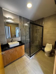 a bathroom with a shower and a toilet and a sink at Penthouse Panoramic Terrace, San Felipe in Chihuahua