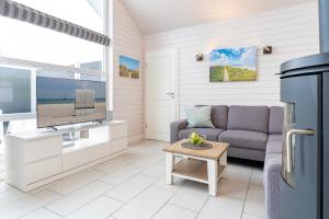 a living room with a couch and a tv at Nordstern in Schönberger Strand