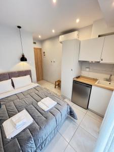 a small bedroom with a bed and a kitchen at Minas Luxury Studios in Stavros