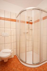a bathroom with a shower and a toilet at Pension Regia in Velden am Wörthersee