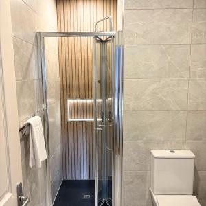 a shower stall in a bathroom with a toilet at Spacious 2 bedroom apartment in Killarney in Killarney