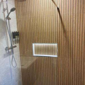 a shower with a wooden door in a bathroom at Spacious 2 bedroom apartment in Killarney in Killarney