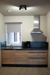 a kitchen with a sink and a window at Camping Natuurlijk Limburg - Studio 1 in Voeren