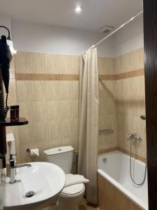 a bathroom with a toilet and a sink and a shower at Ξενώνας Ρόδον in Kato Loutraki