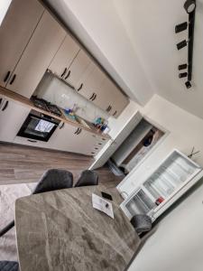 a kitchen with a table and a refrigerator at Apartament Dem Rădulescu, Rm Vâlcea in Troian