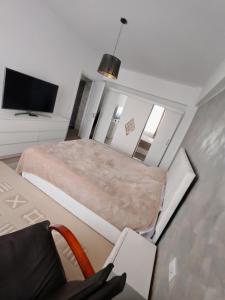 a small bedroom with a bed and a tv at Apartament Dem Rădulescu, Rm Vâlcea in Troian
