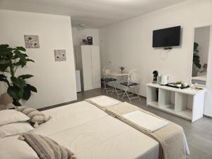 a living room with a large bed and a tv at Micul Cosmopolit Boutique Rooms in Afumaţi