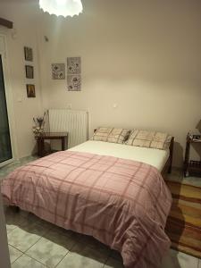 a bedroom with a bed with a pink blanket at Vagelis 2 Nemea apartments in Neméa
