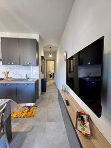 a kitchen with a large flat screen tv on the wall at The Blue Sky Apartment with Lake view in Pianello Del Lario