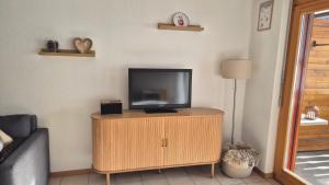 a television on a wooden stand in a living room at Summit & Spring Studio - Leukerbad in Leukerbad