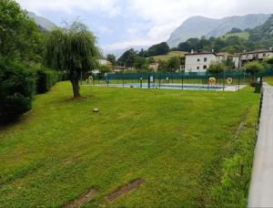 a grassy field with a tree in the middle at Chalet adosado con piscina en el Valle de Asón LA TUDANCA in Arredondo