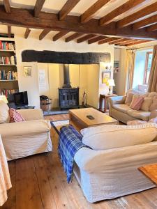 a living room with couches and a fire place at Llanerch in Bala